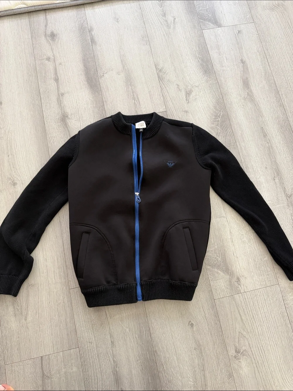 Armani Junior kids Black Zip-Front Jacket with Blue Trim